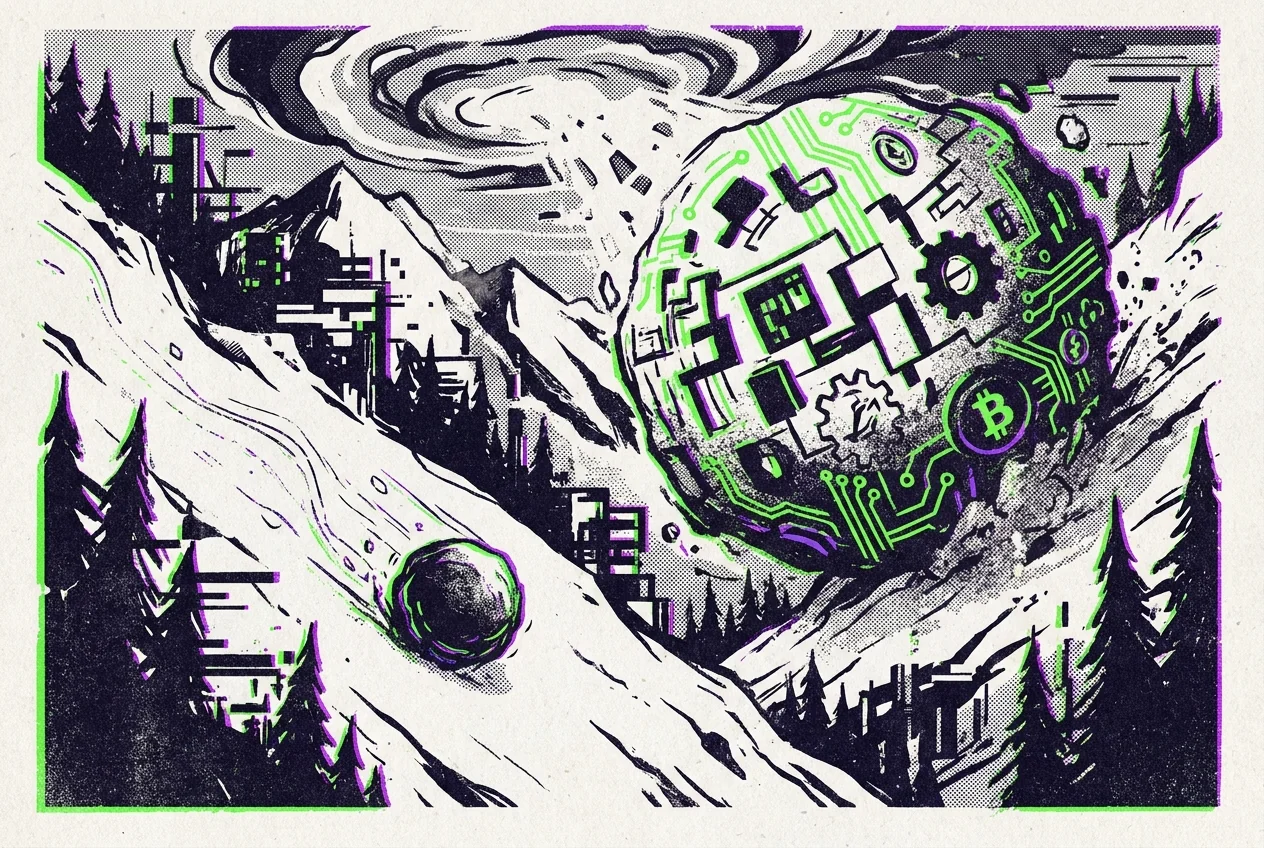 Illustration of two snowballs on parallel slopes, one small and one grown huge near the bottom.