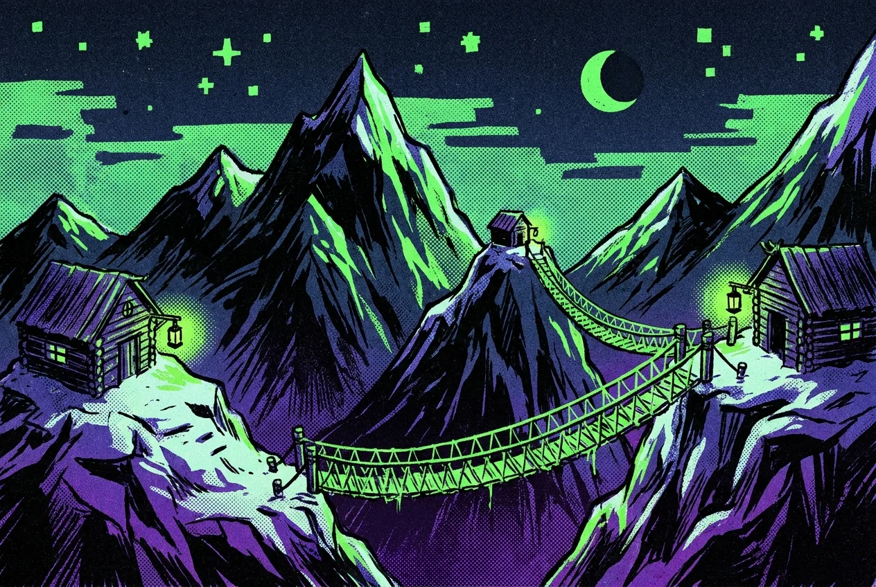 Illustration of snowy mountain peaks connected by glowing bridges between small trading outposts.