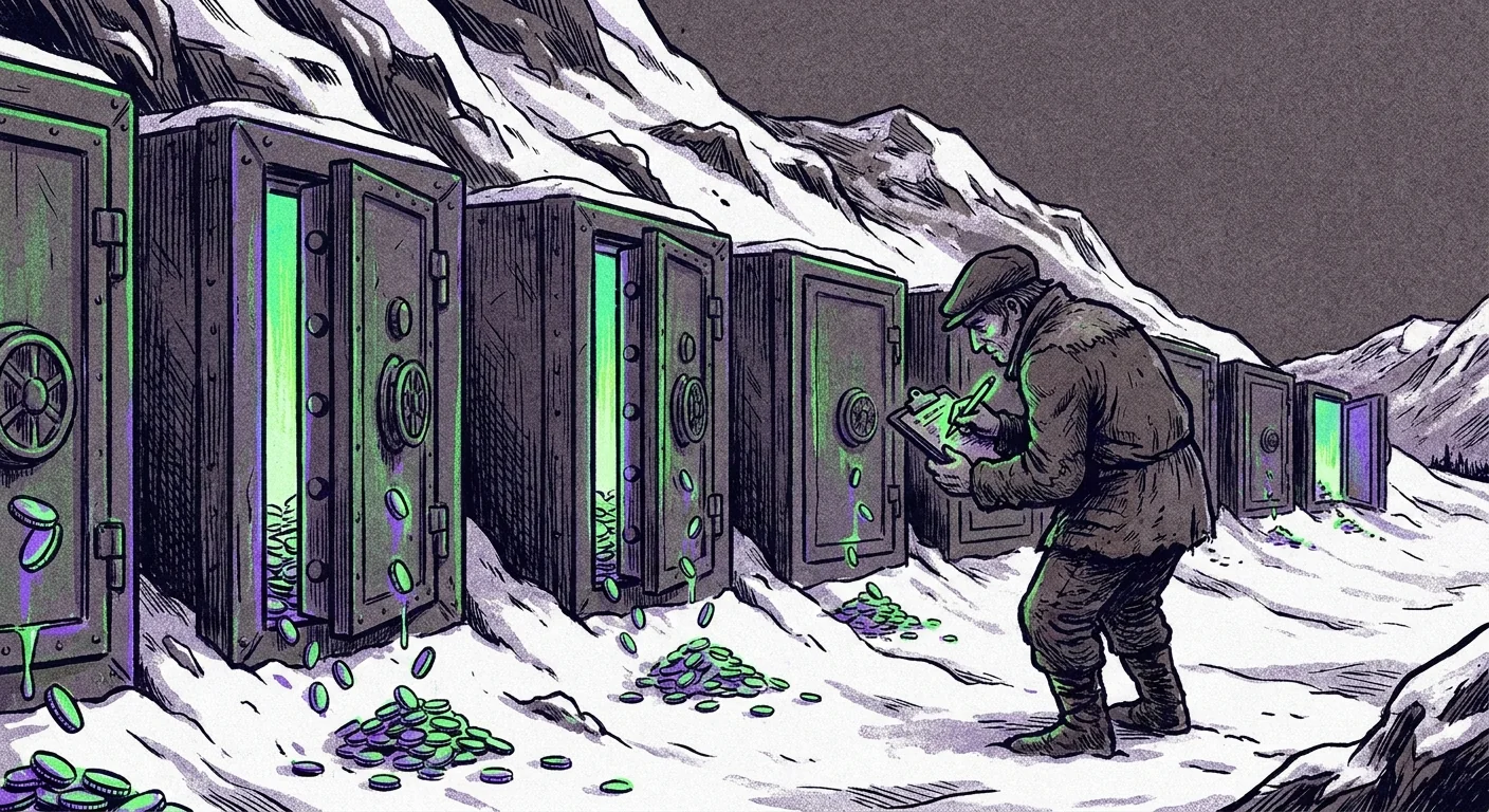 Illustration of a farmer with a clipboard inspecting a row of vault-shaped market stalls dripping coins.