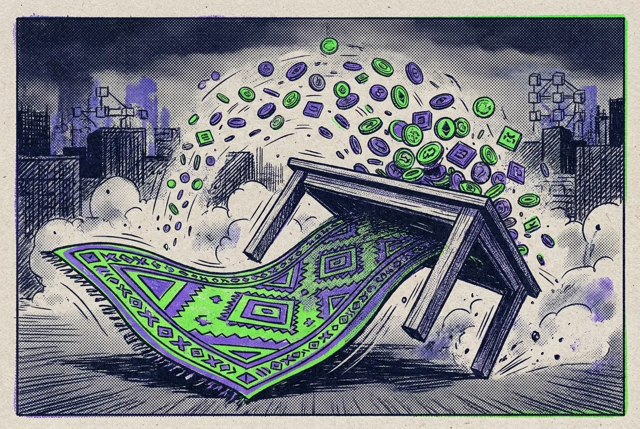 Illustration of a rug being pulled from beneath a table piled with coins as they begin to fall.