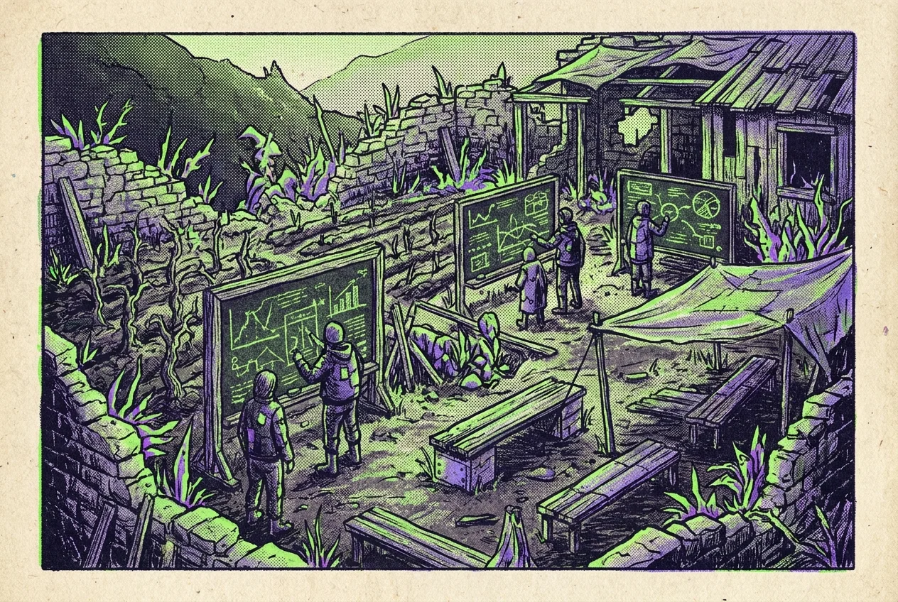Illustration of an abandoned mountain farm plot turned into an outdoor classroom with chalkboards full of charts.