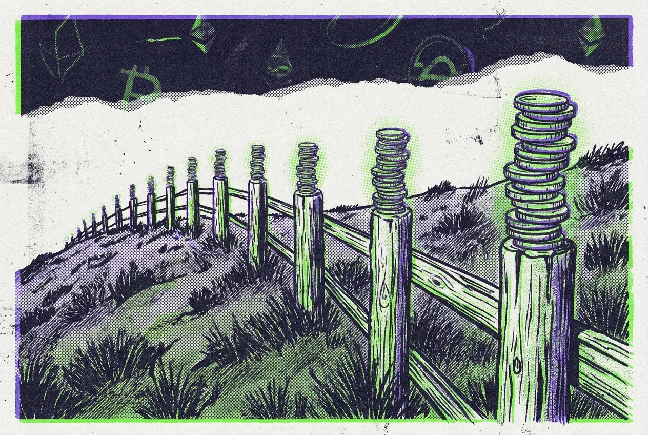 Illustration of fence posts on a hillside, each topped with a small growing stack of coins.