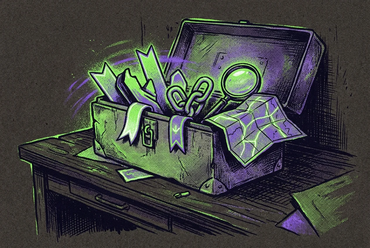 A toolbox of DeFi research tools laid out on a desk