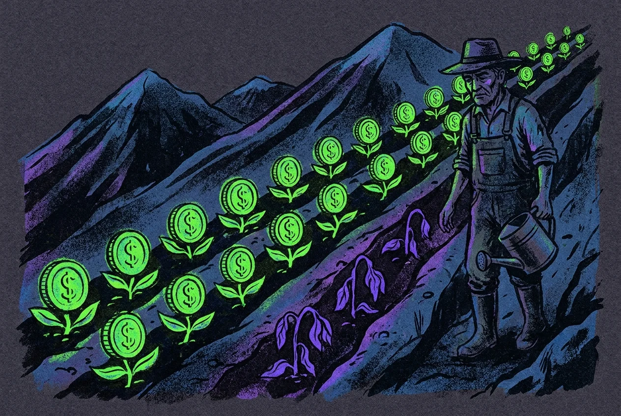 Illustration of a farmer tending terraces of coin-shaped plants on a mountain slope, with one wilted row among healthy ones.