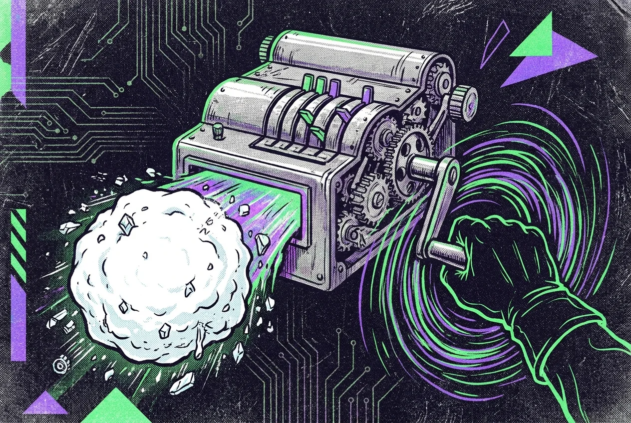 Illustration of a vintage adding machine producing a snowball that grows bigger as the crank turns.