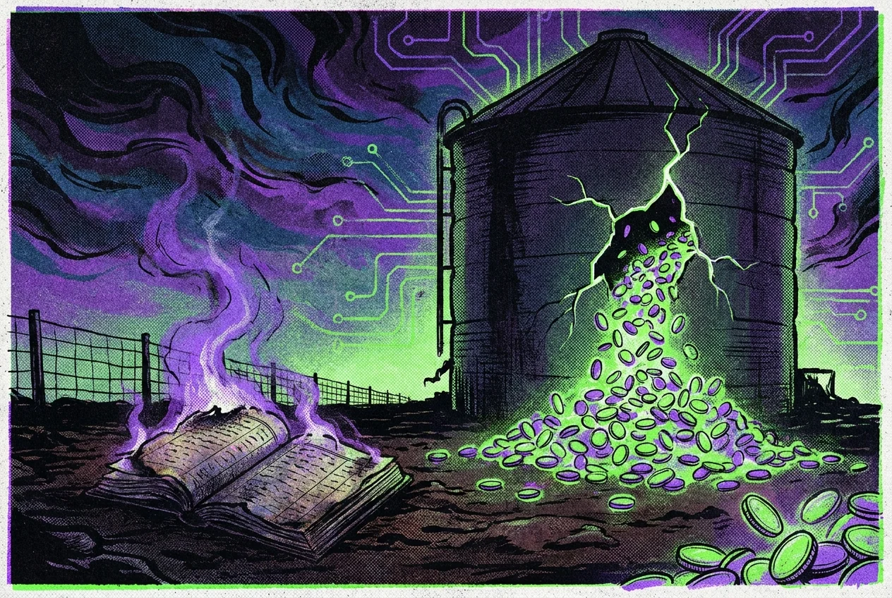 Illustration of a cracked grain silo spilling coins through a thin fracture, with a smoldering ledger at its base.